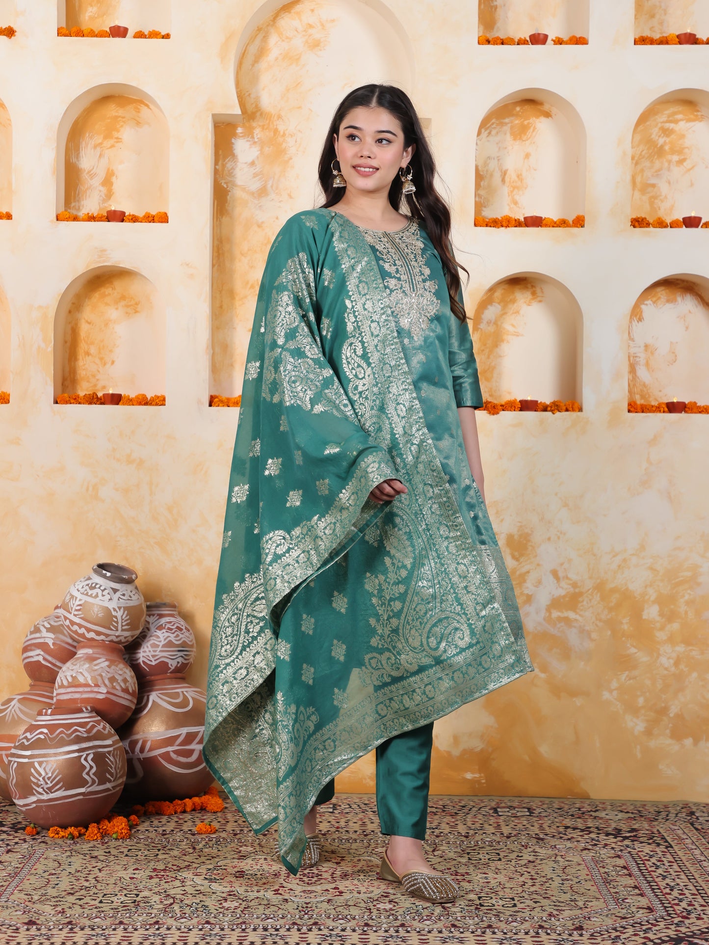 Zari Sea Green Viscose Jacquard Straight Kurta