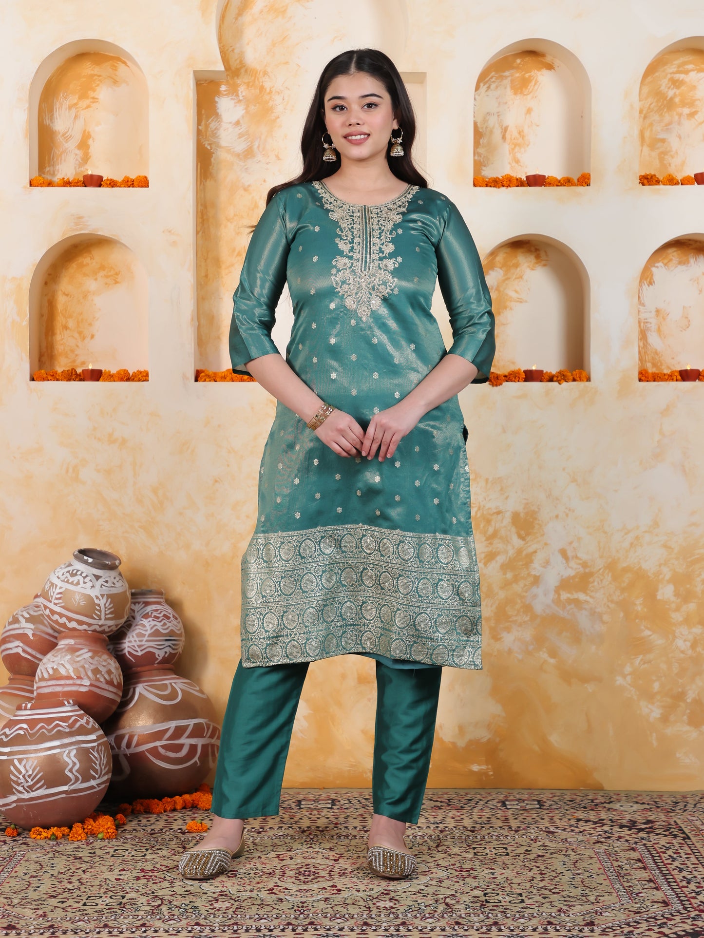 Zari Sea Green Viscose Jacquard Straight Kurta