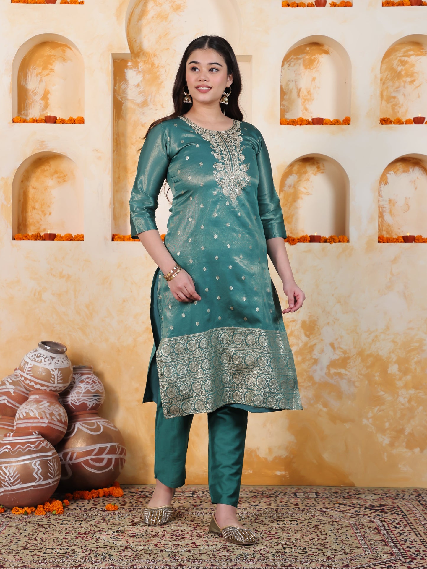 Zari Sea Green Viscose Jacquard Straight Kurta