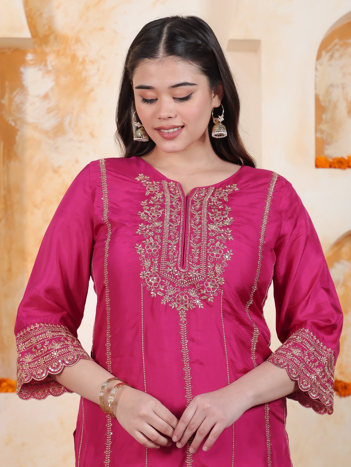 Zari Fuchsia Solid Roman silk A-line Kurta
