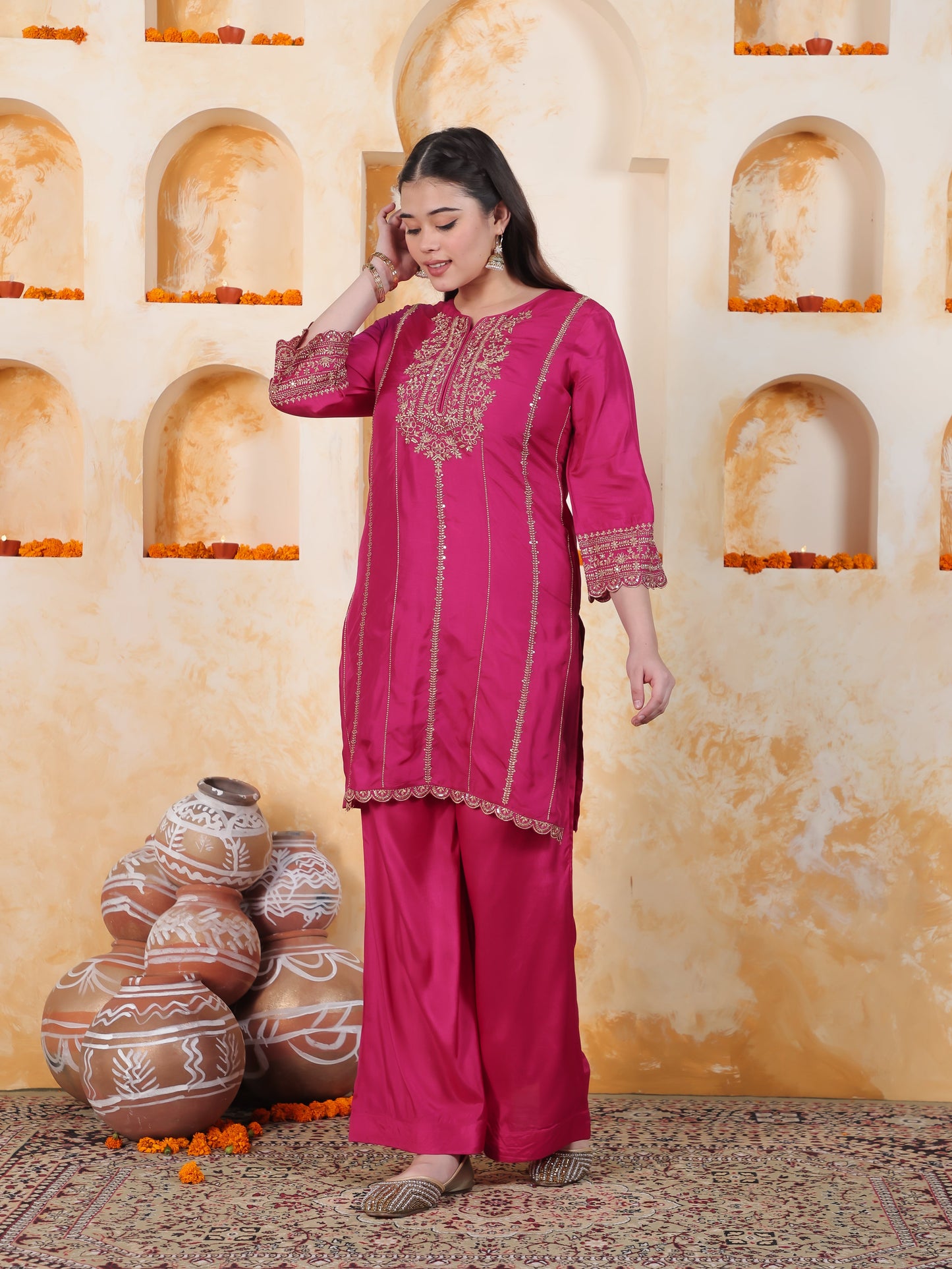 Zari Fuchsia Solid Roman silk A-line Kurta