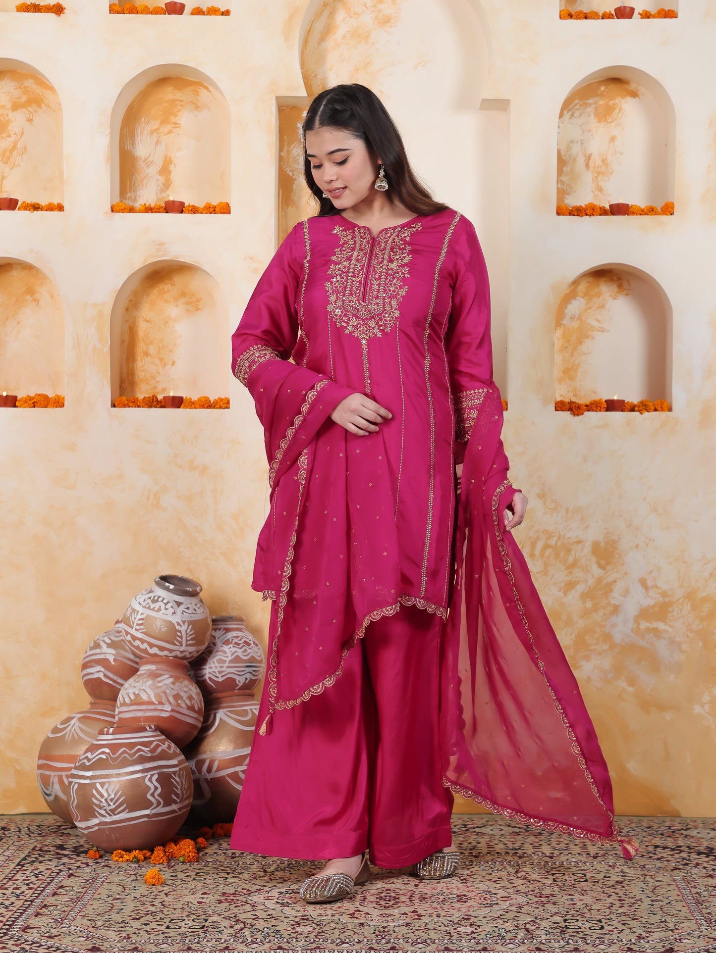 Zari Fuchsia Solid Roman silk A-line Kurta