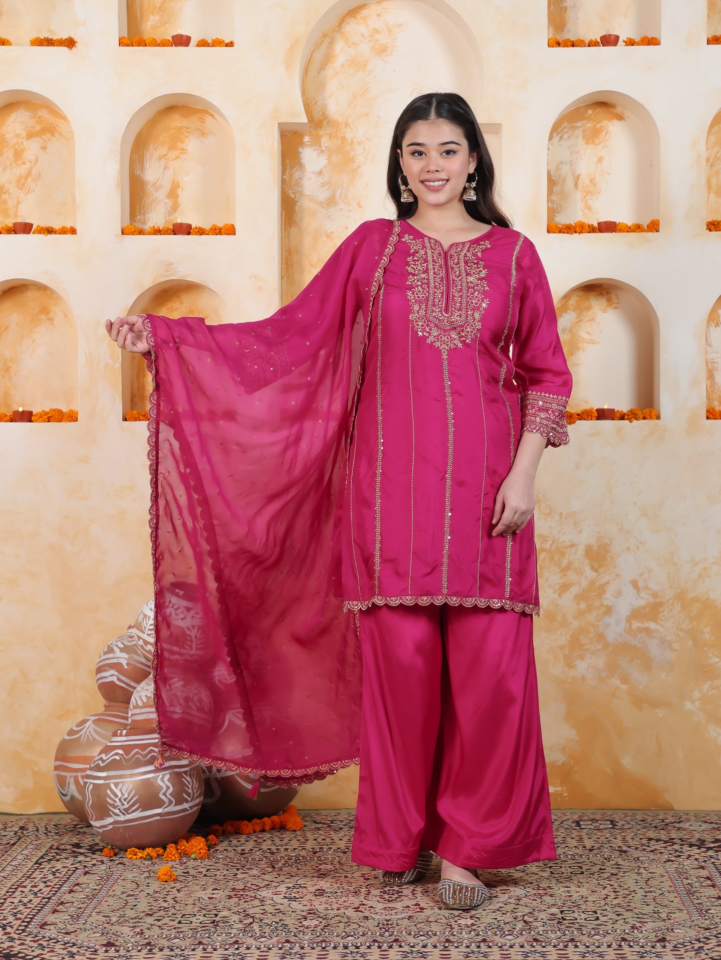 Zari Fuchsia Solid Roman silk A-line Kurta