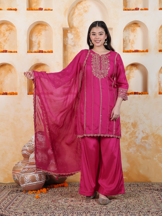 Zari Fuchsia Solid Roman silk A-line Kurta