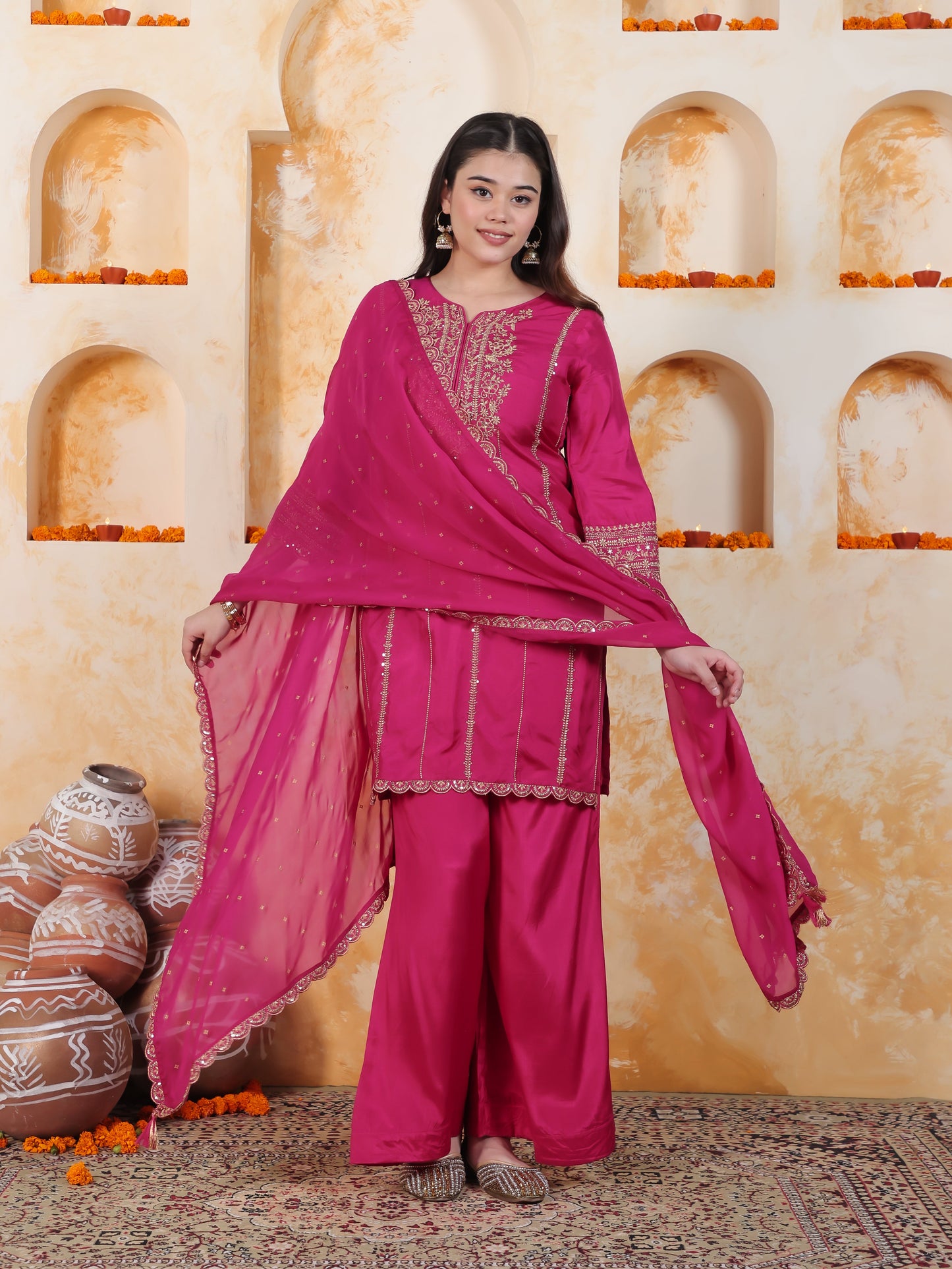 Zari Fuchsia Solid Roman silk A-line Kurta
