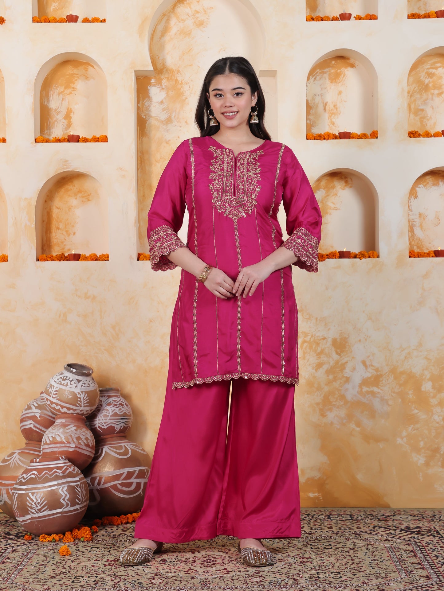 Zari Fuchsia Solid Roman silk A-line Kurta