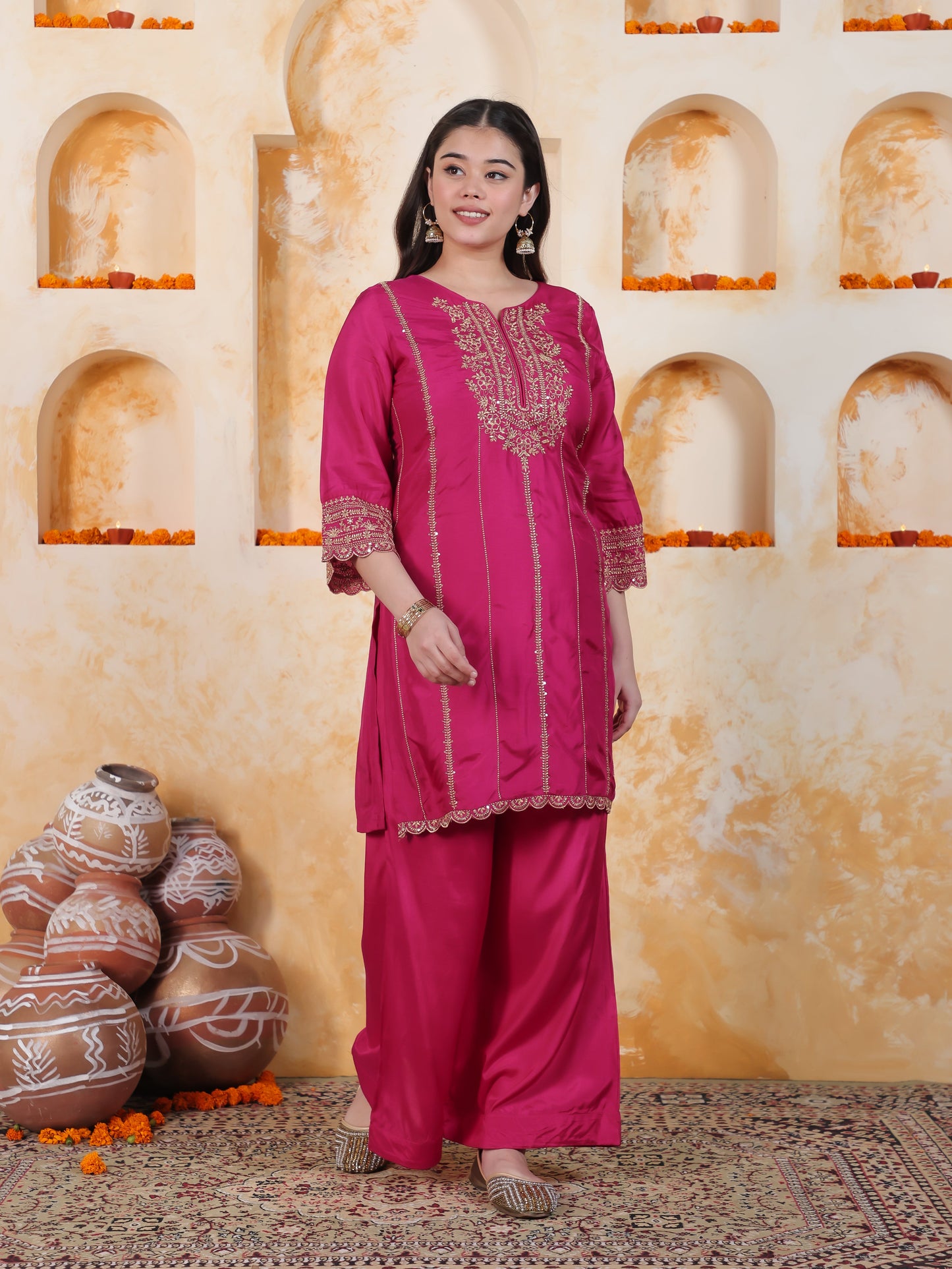 Zari Fuchsia Solid Roman silk A-line Kurta
