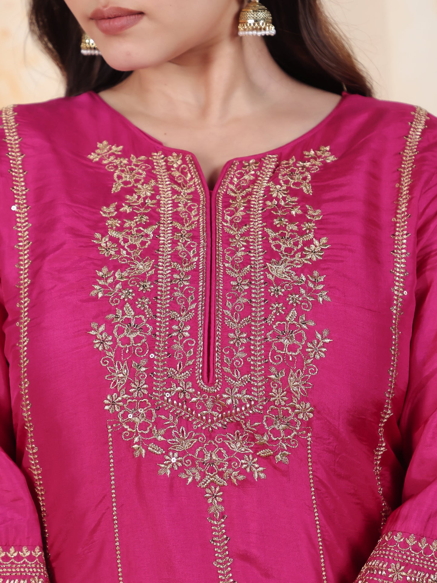 Zari Fuchsia Solid Roman silk A-line Kurta