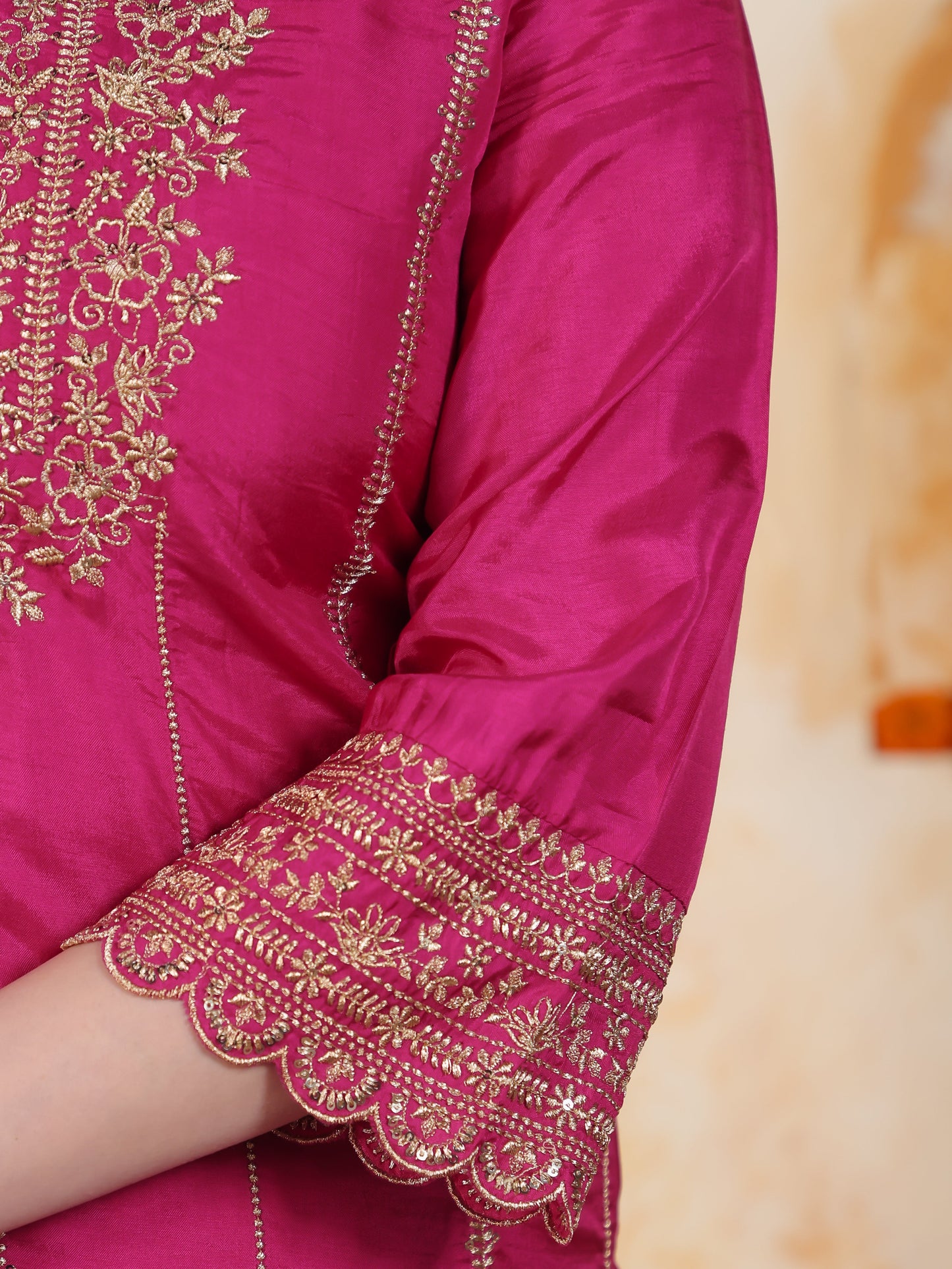 Zari Fuchsia Solid Roman silk A-line Kurta