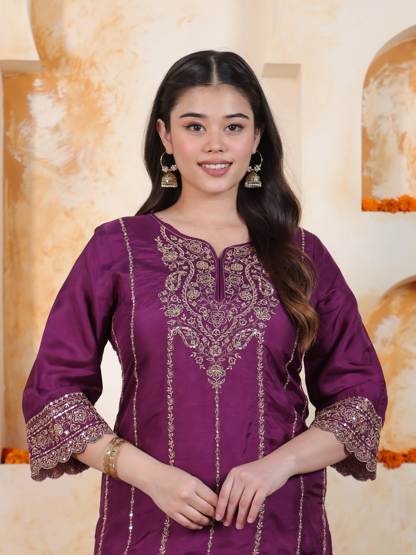 Zari Wine Solid Roman silk A-line Kurta