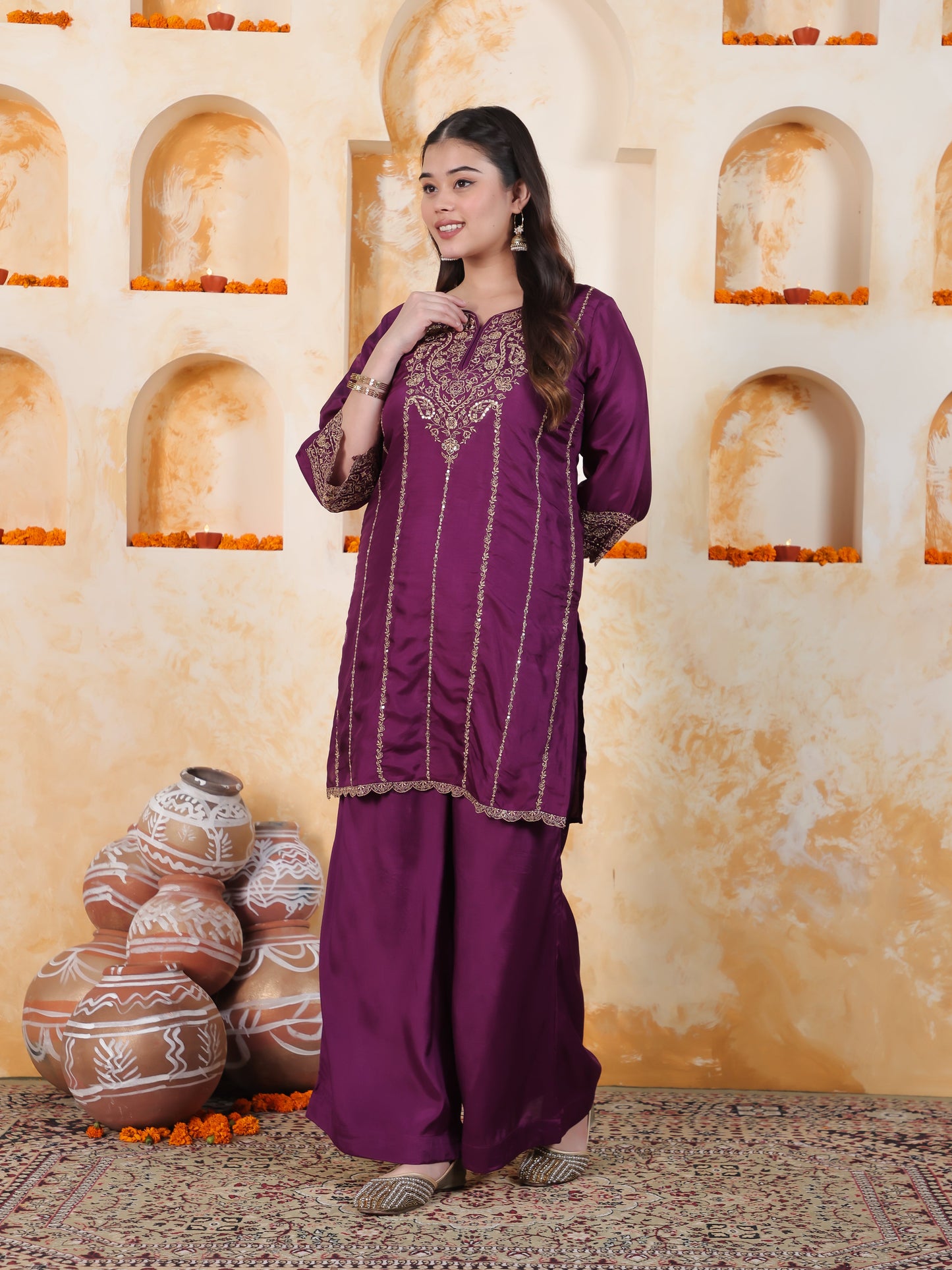 Zari Wine Solid Roman silk A-line Kurta