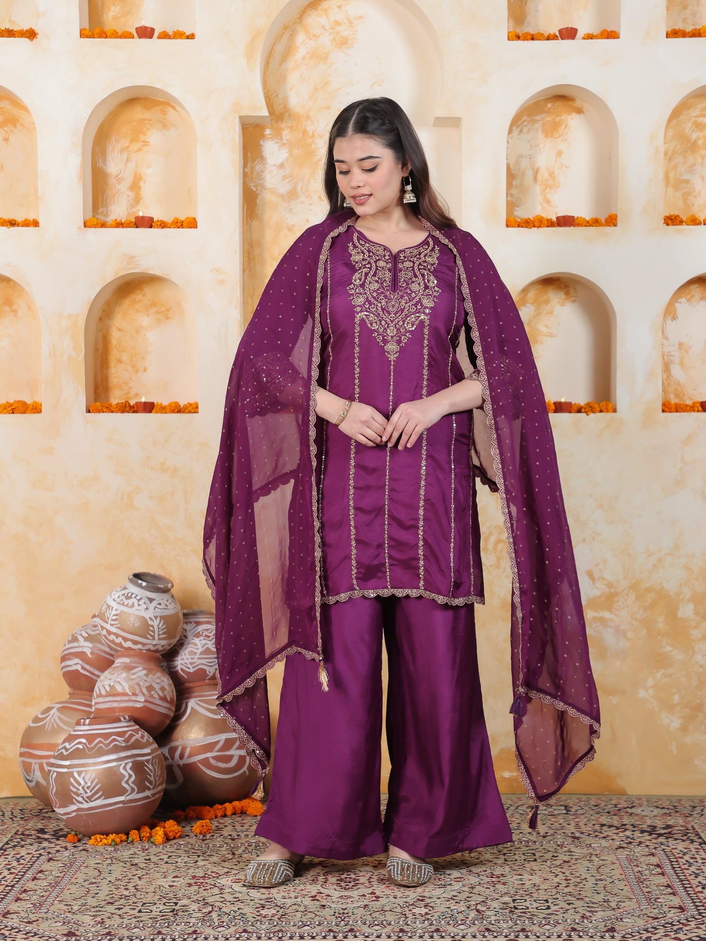 Zari Wine Solid Roman silk A-line Kurta