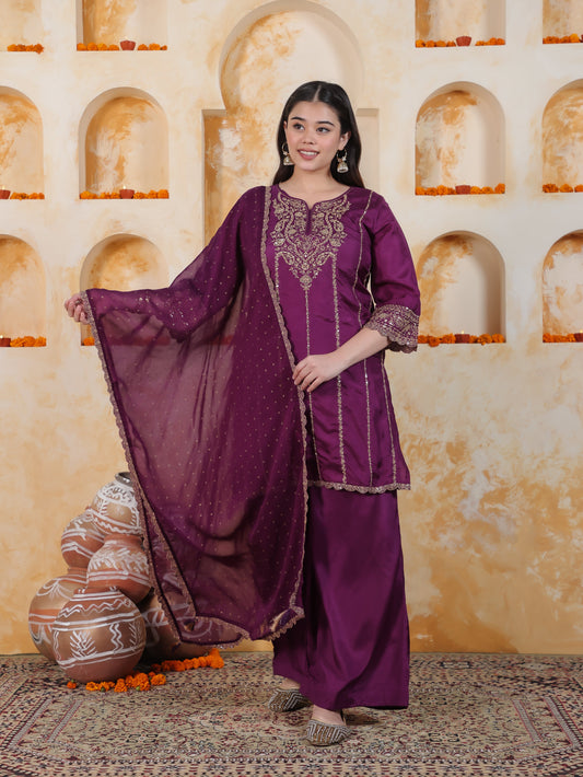 Zari Wine Solid Roman silk A-line Kurta