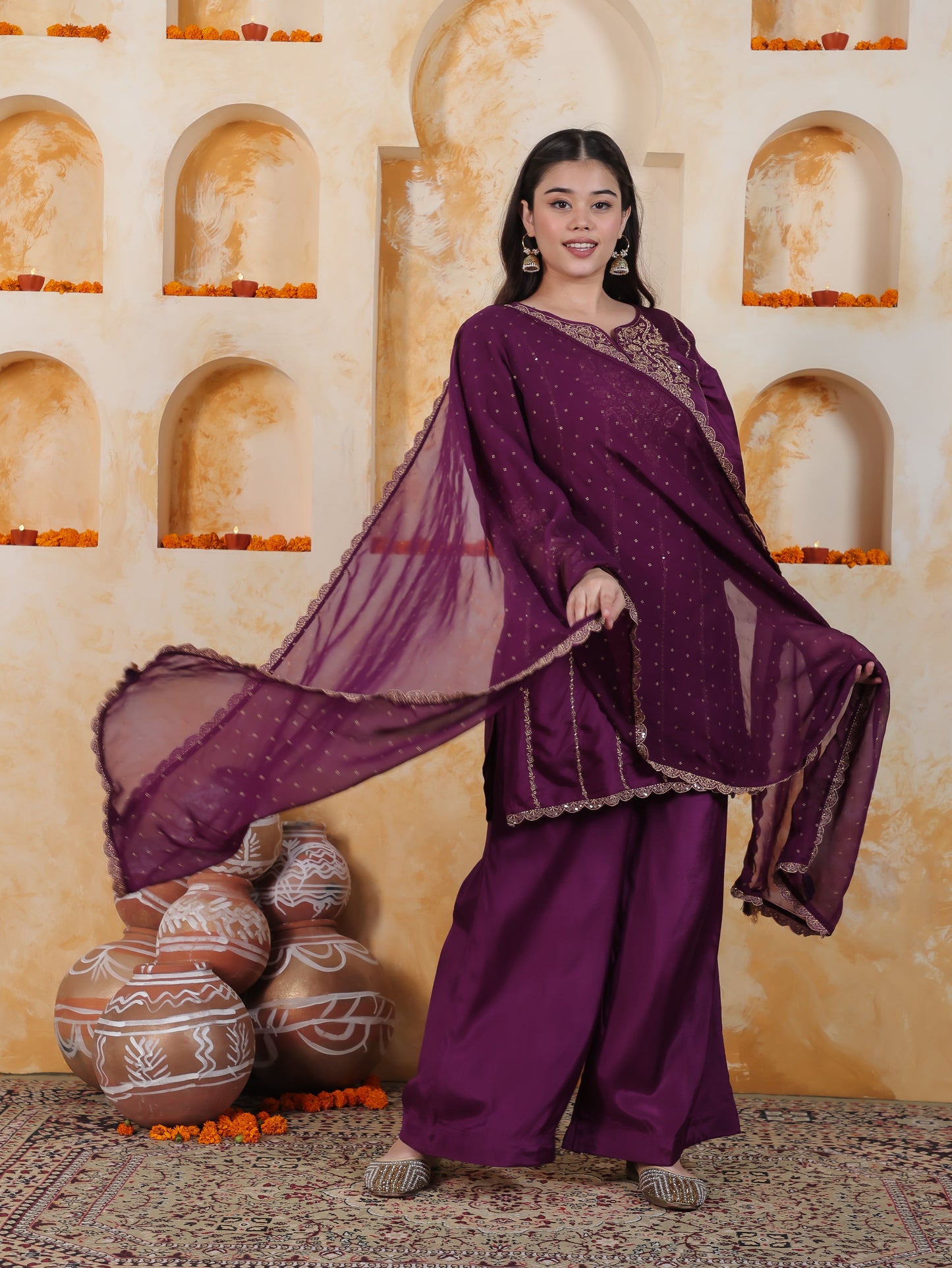 Zari Wine Solid Roman silk A-line Kurta