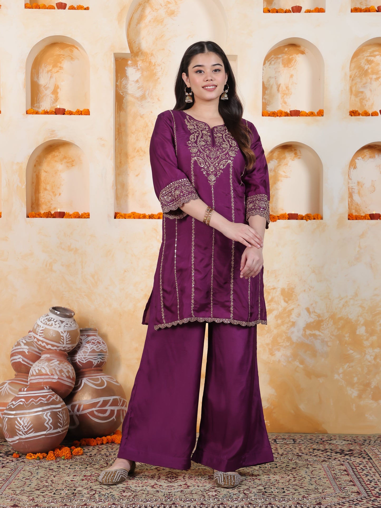 Zari Wine Solid Roman silk A-line Kurta