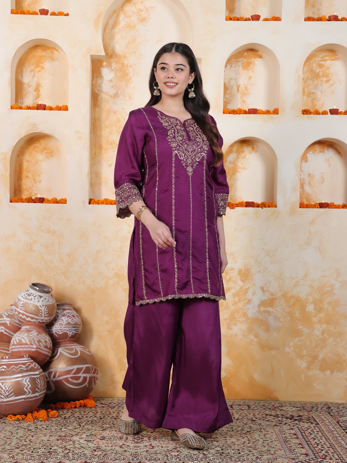 Zari Wine Solid Roman silk A-line Kurta