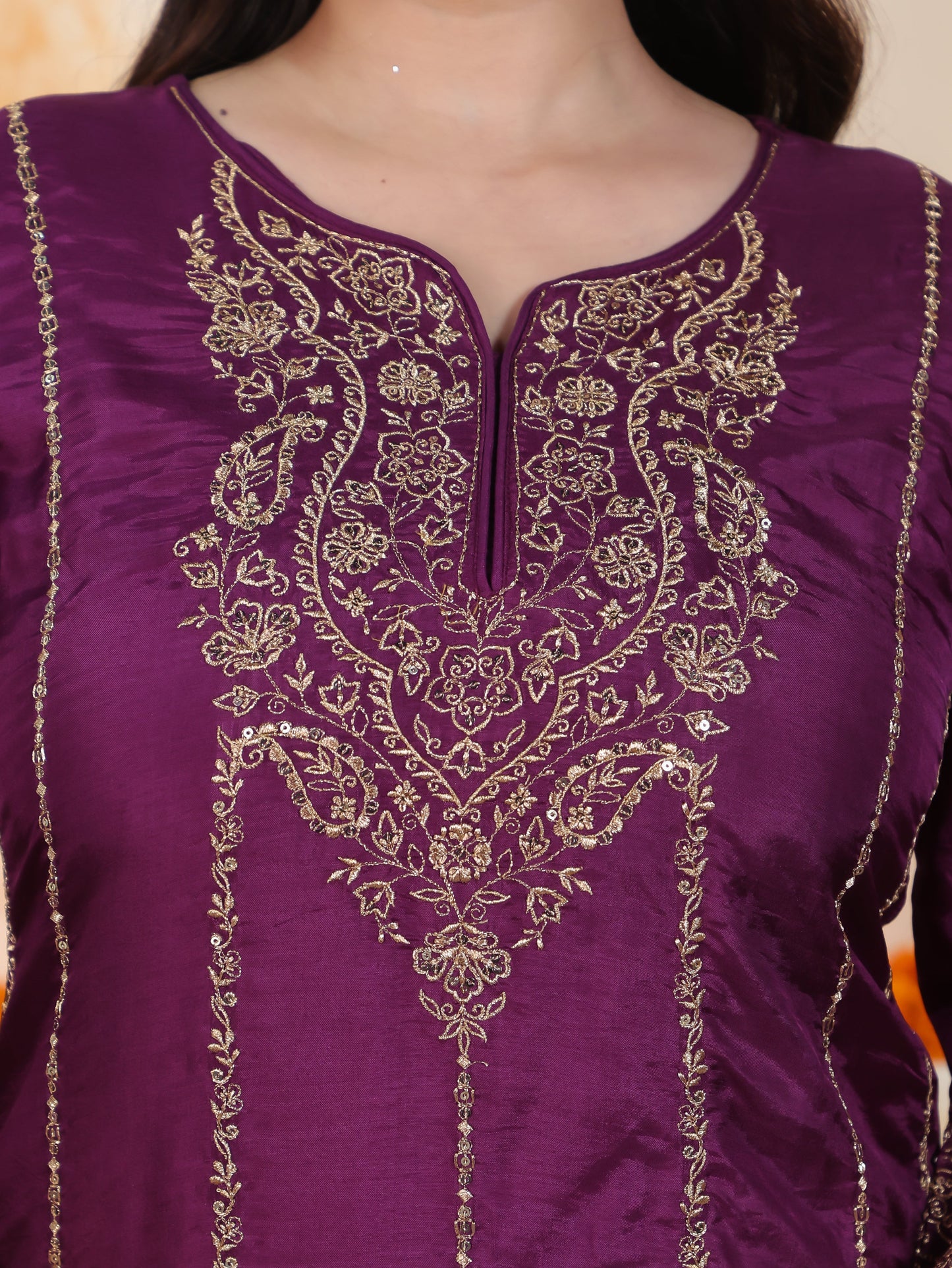 Zari Wine Solid Roman silk A-line Kurta