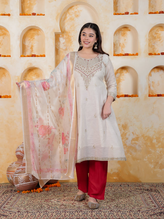Zari Off White Solid PV Shimmer A-line Kurta