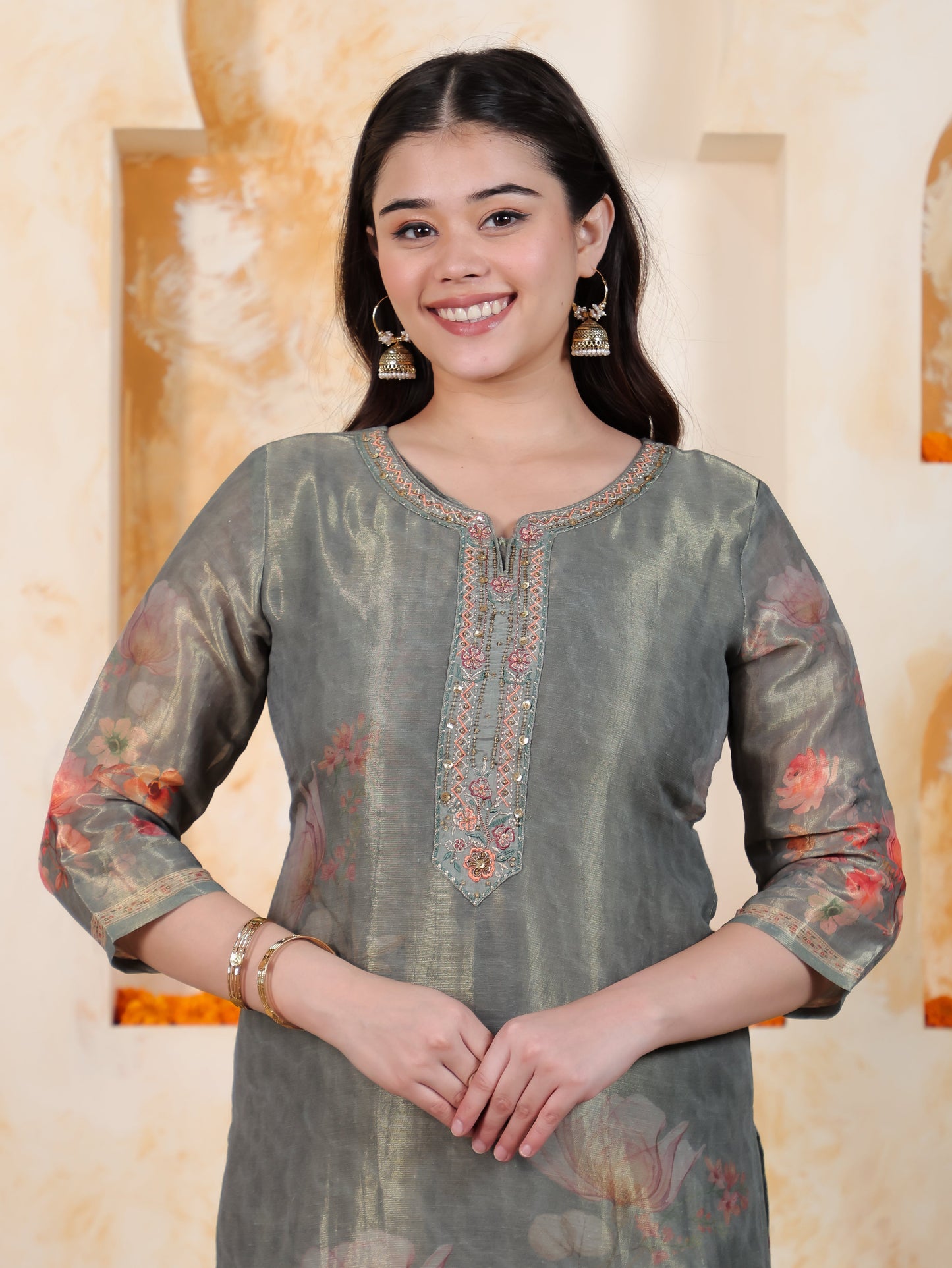 Embroidered Mint Green Digital Organza Straight Kurta