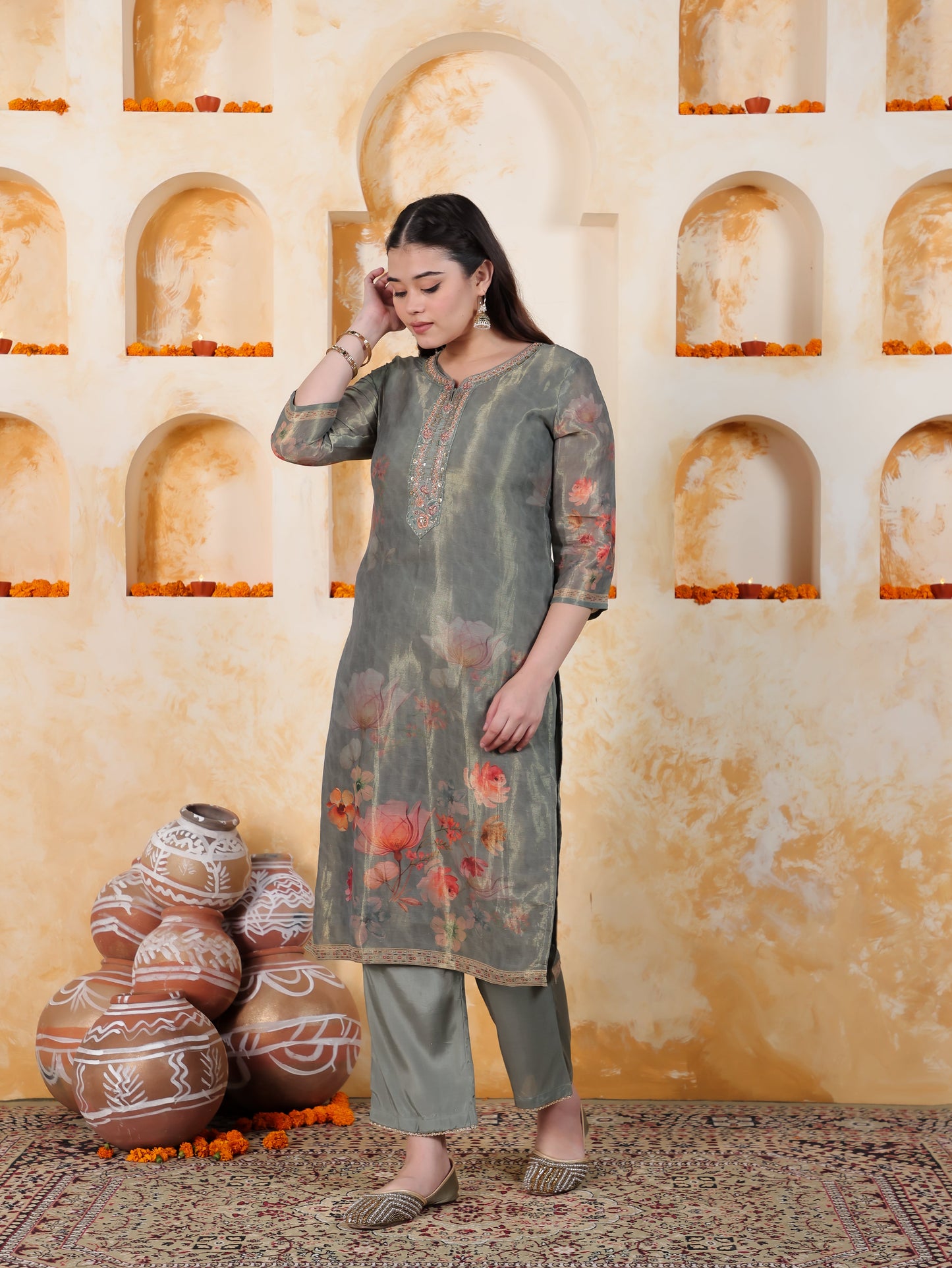 Embroidered Mint Green Digital Organza Straight Kurta
