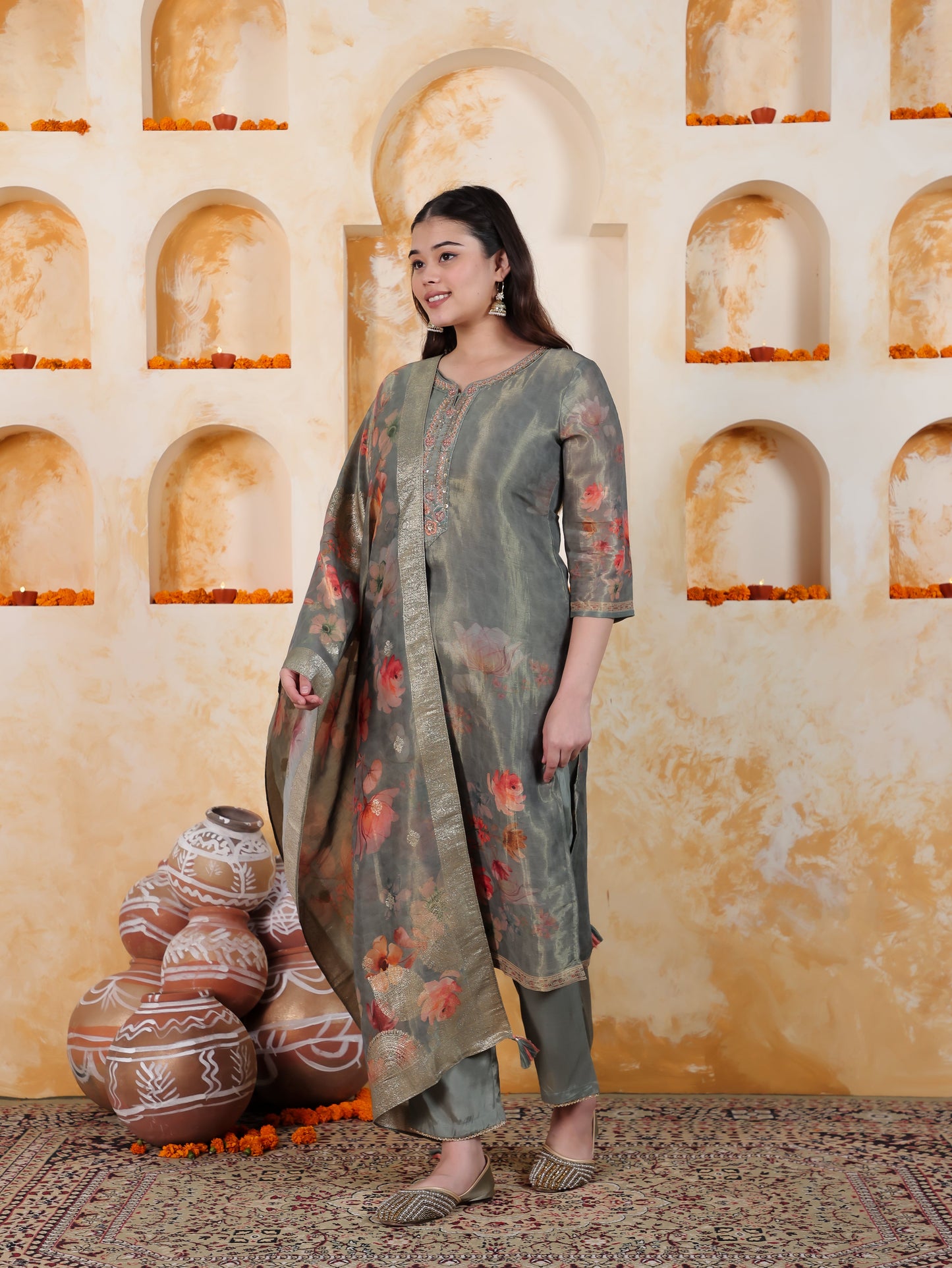 Embroidered Mint Green Digital Organza Straight Kurta