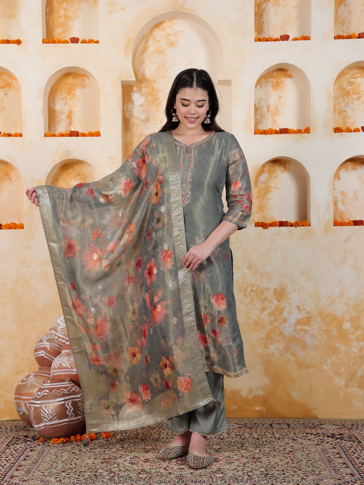Embroidered Mint Green Digital Organza Straight Kurta