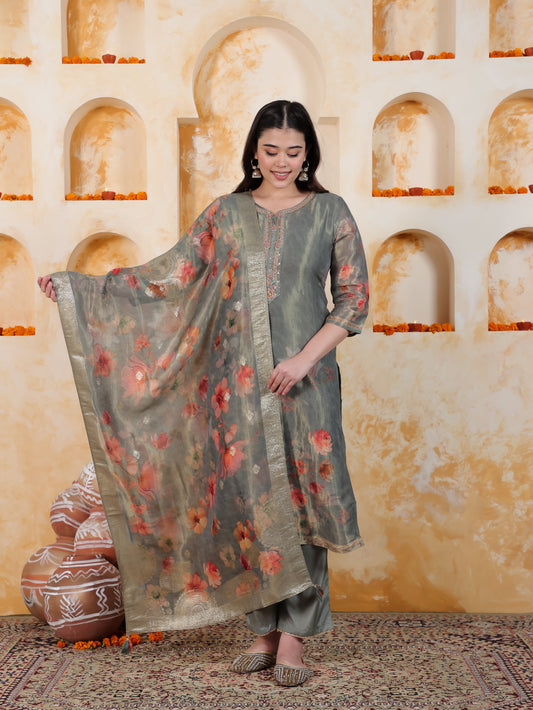 Embroidered Mint Green Digital Organza Straight Kurta