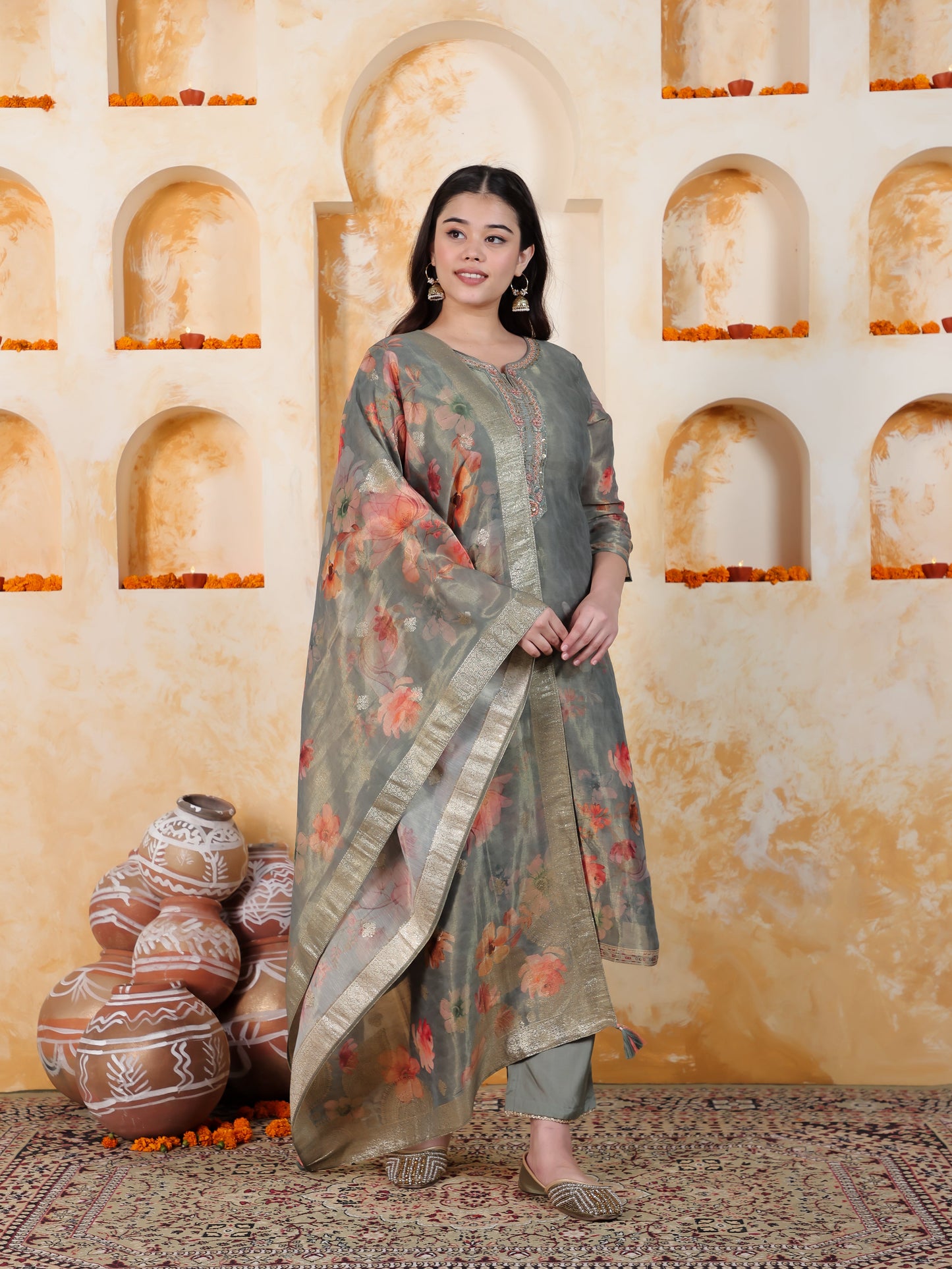 Embroidered Mint Green Digital Organza Straight Kurta