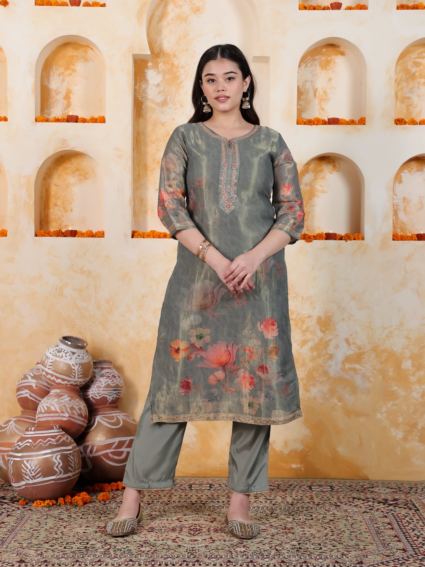 Embroidered Mint Green Digital Organza Straight Kurta