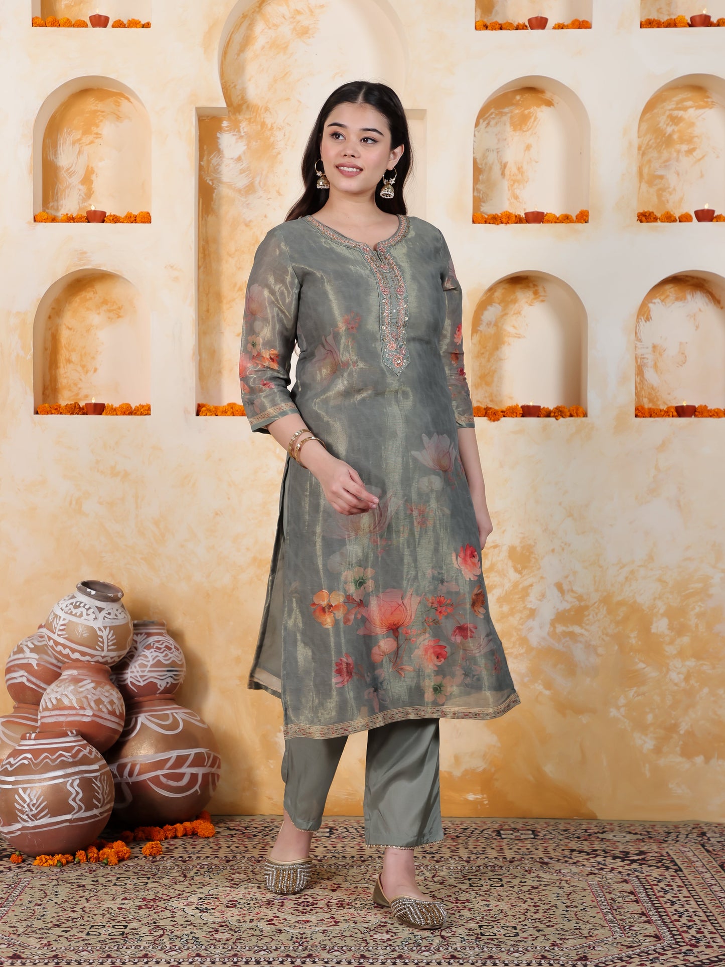Embroidered Mint Green Digital Organza Straight Kurta