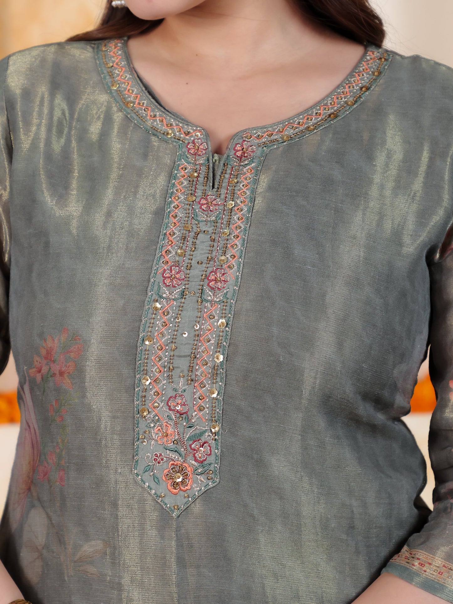 Embroidered Mint Green Digital Organza Straight Kurta