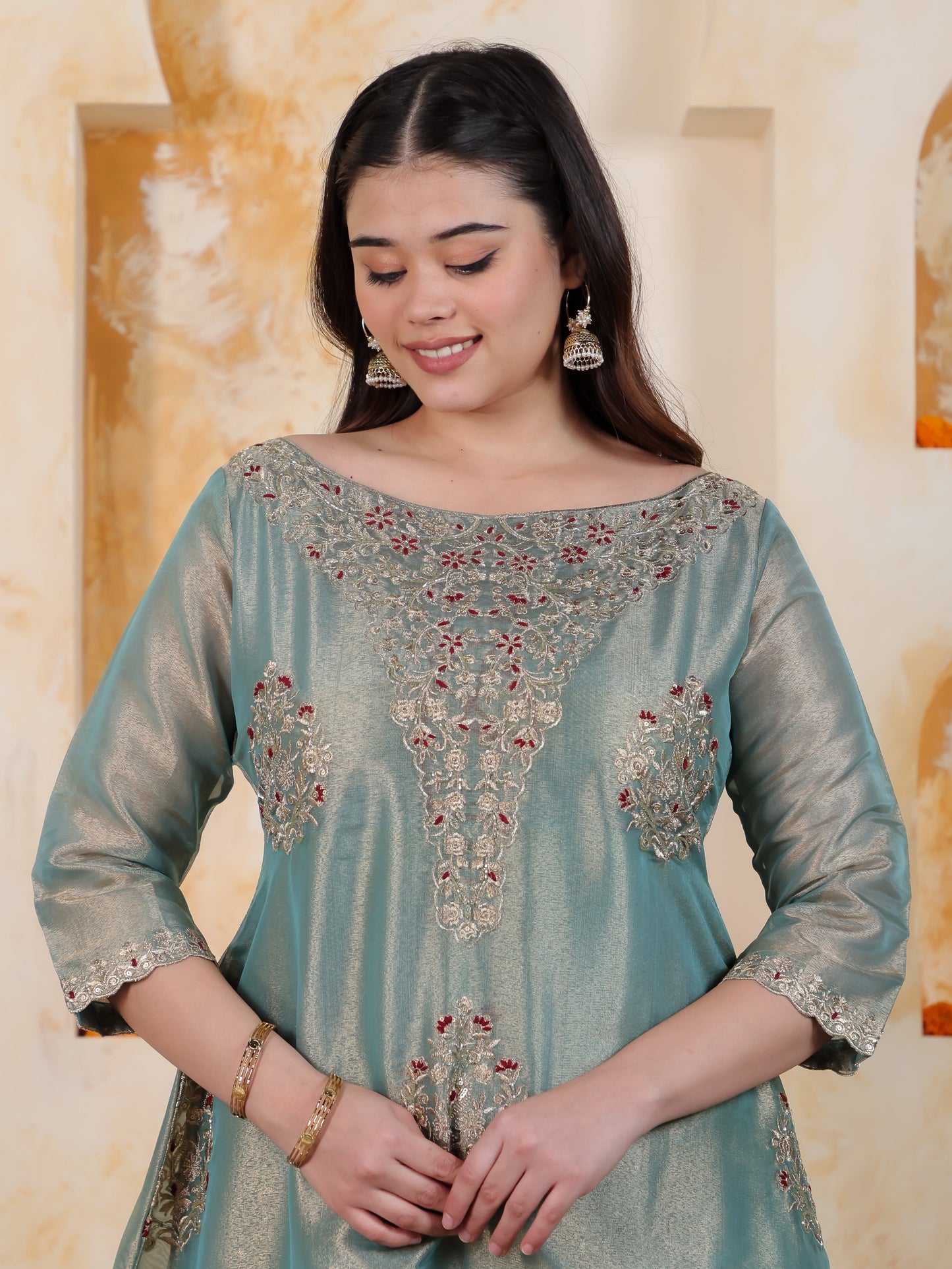 Zari Sea Blue Organza A-line Kurta