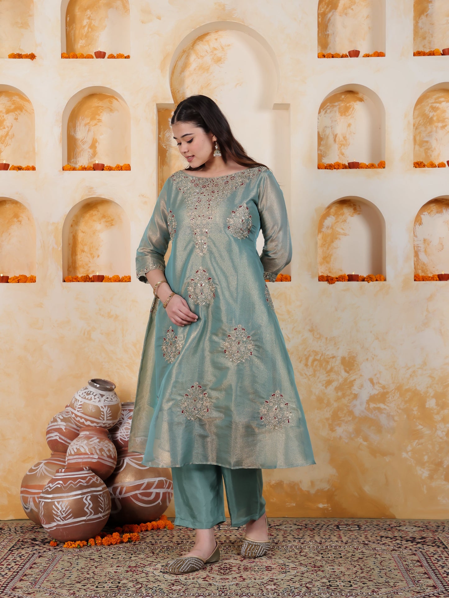 Zari Sea Blue Organza A-line Kurta