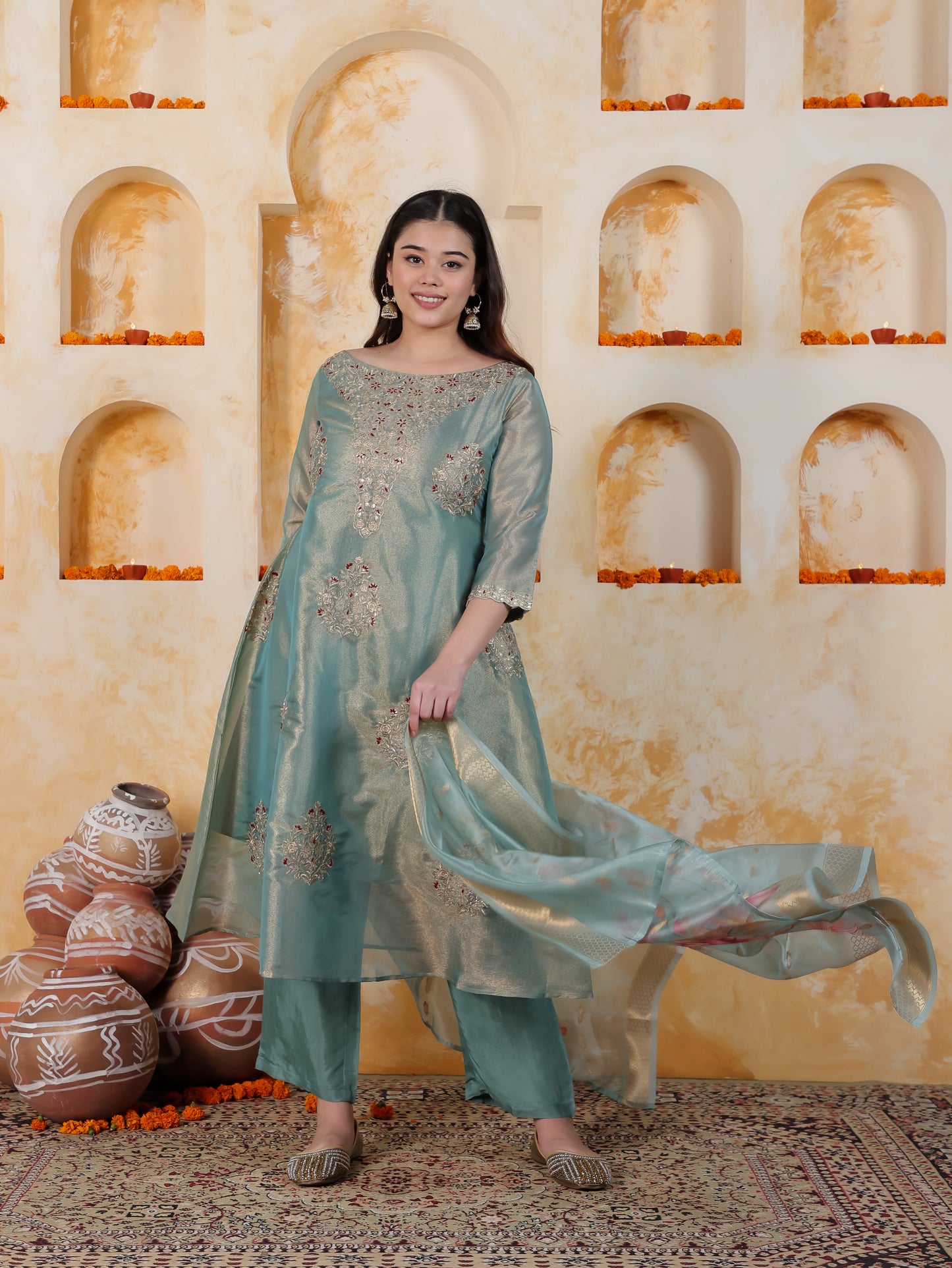 Zari Sea Blue Organza A-line Kurta