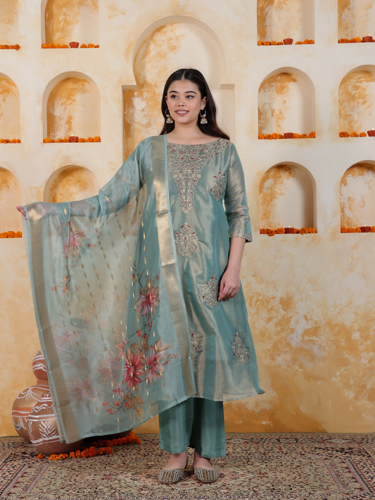 Zari Sea Blue Organza A-line Kurta