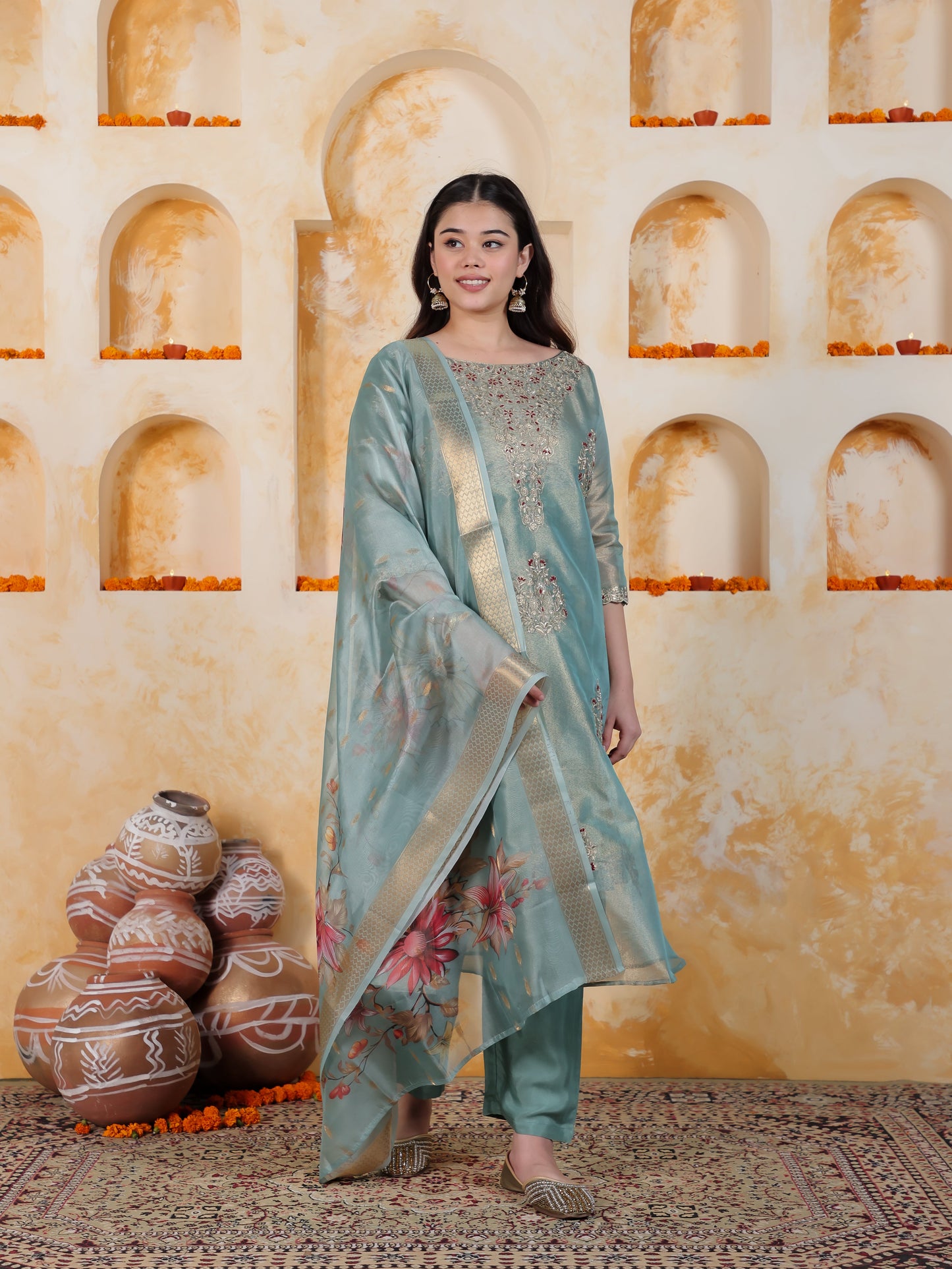 Zari Sea Blue Organza A-line Kurta