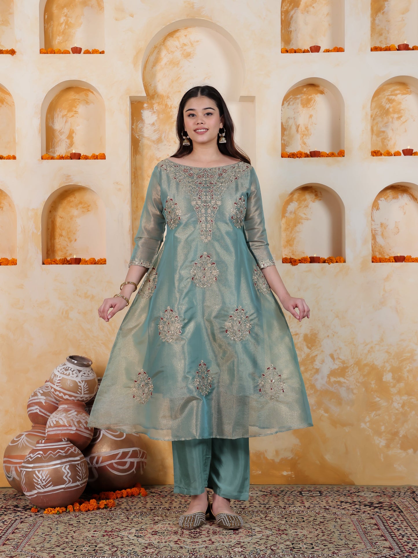 Zari Sea Blue Organza A-line Kurta