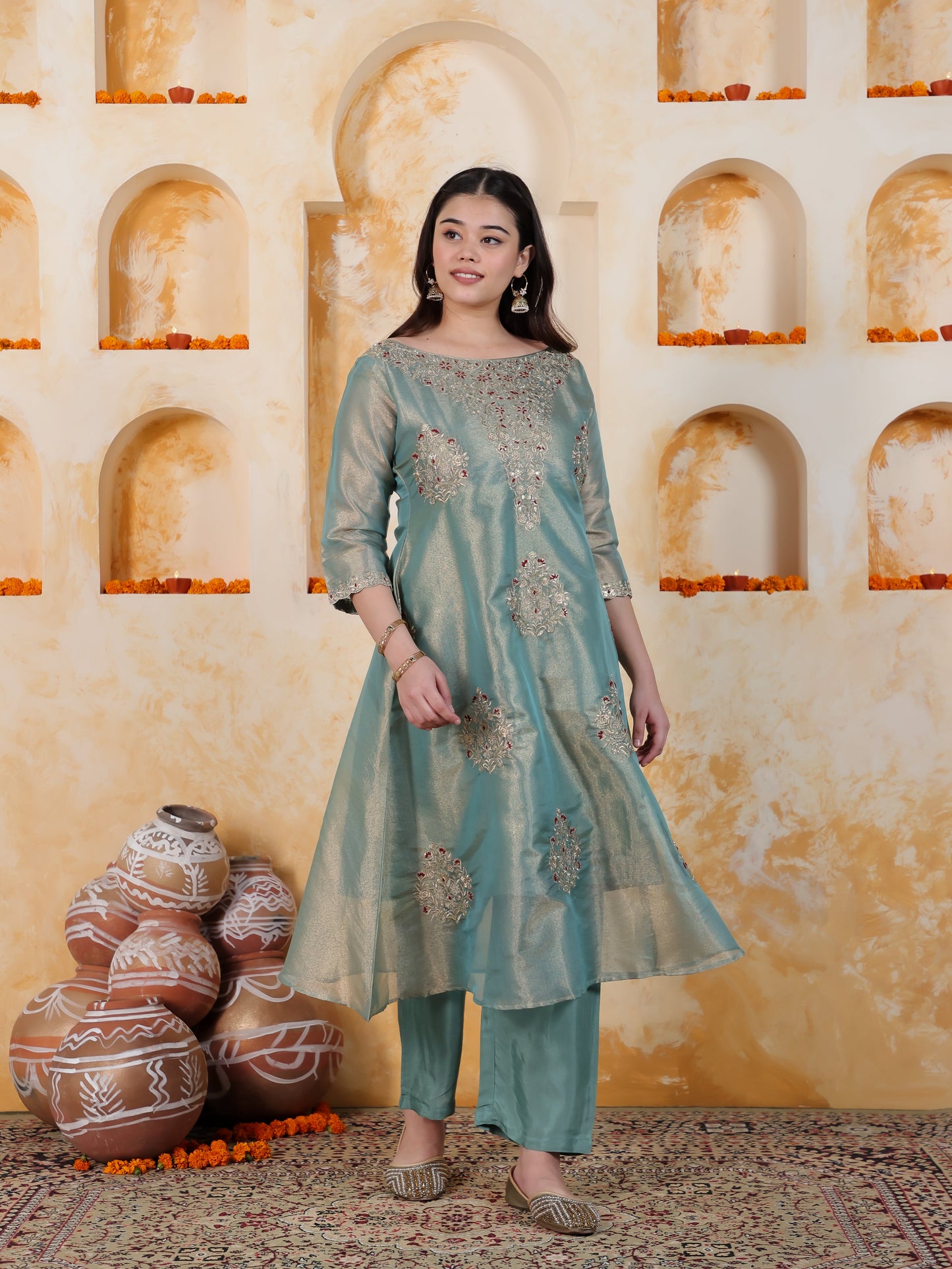 Zari Sea Blue Organza A-line Kurta