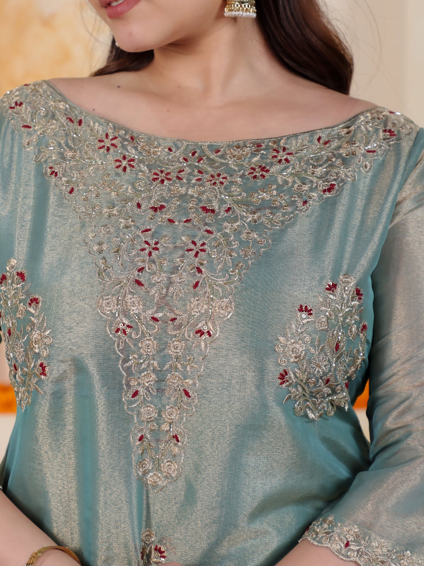 Zari Sea Blue Organza A-line Kurta
