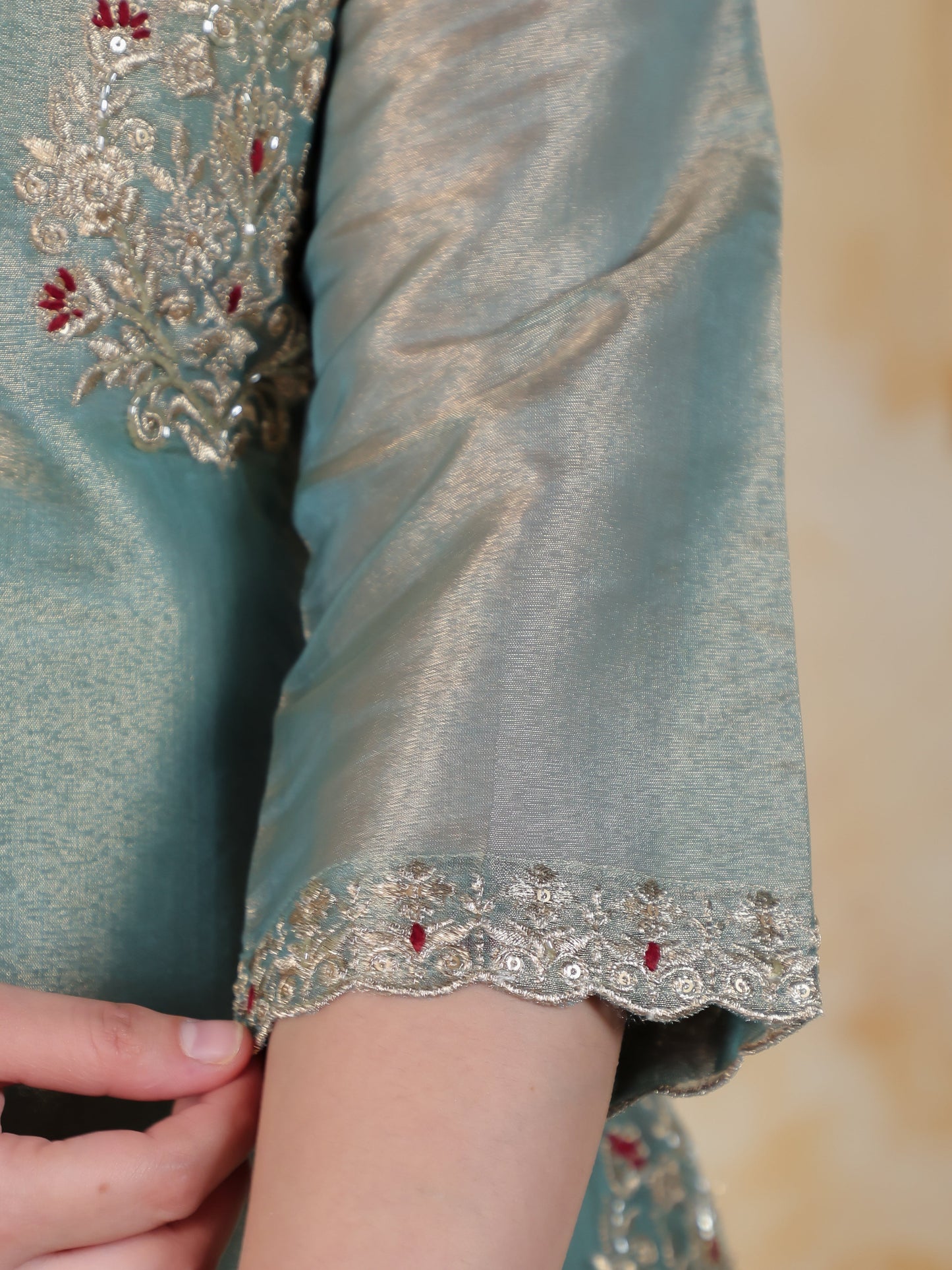 Zari Sea Blue Organza A-line Kurta