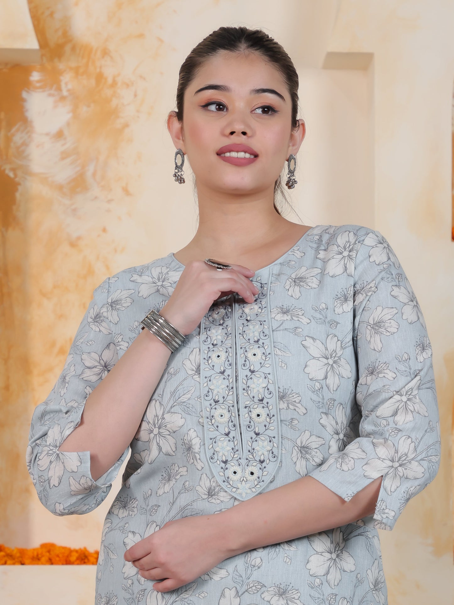 Embroidered Sky Blue Floral Chanderi Straight Kurta