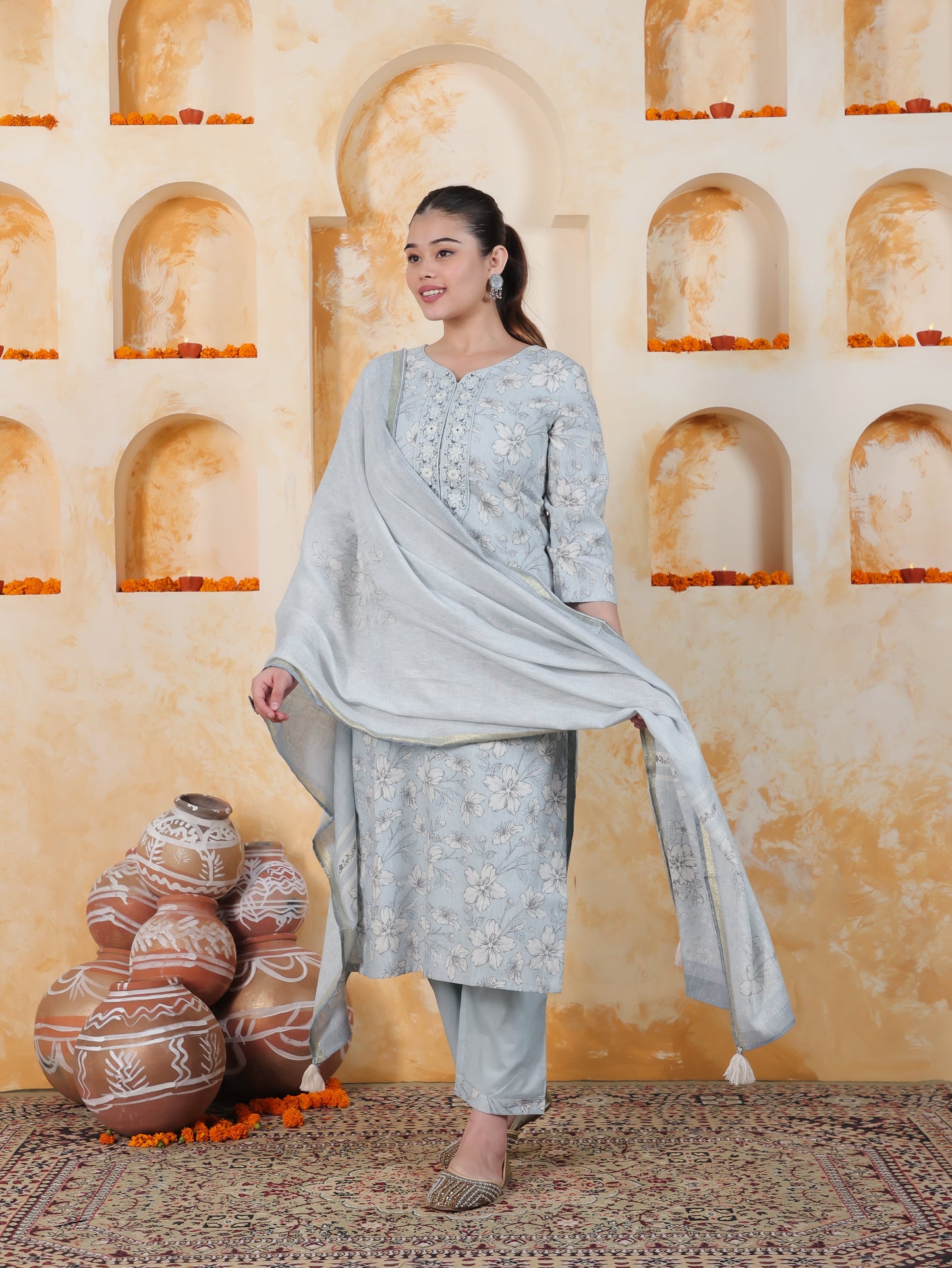 Embroidered Sky Blue Floral Chanderi Straight Kurta