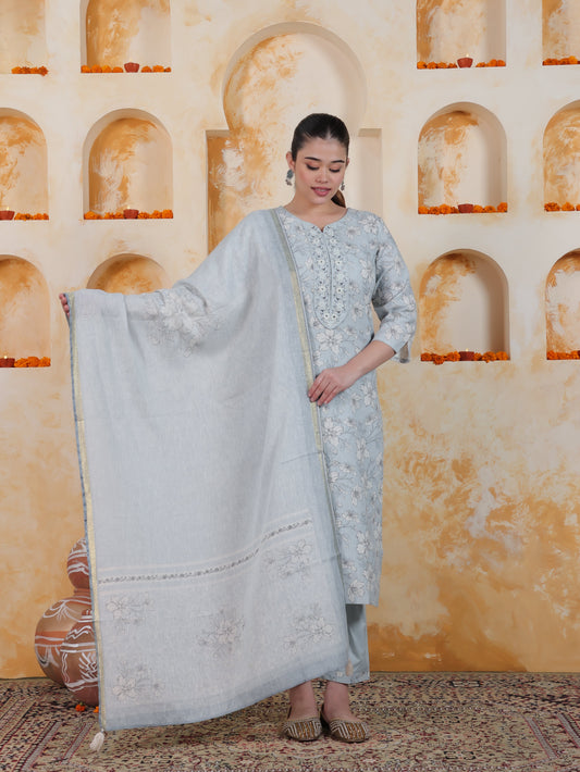 Embroidered Sky Blue Floral Chanderi Straight Kurta