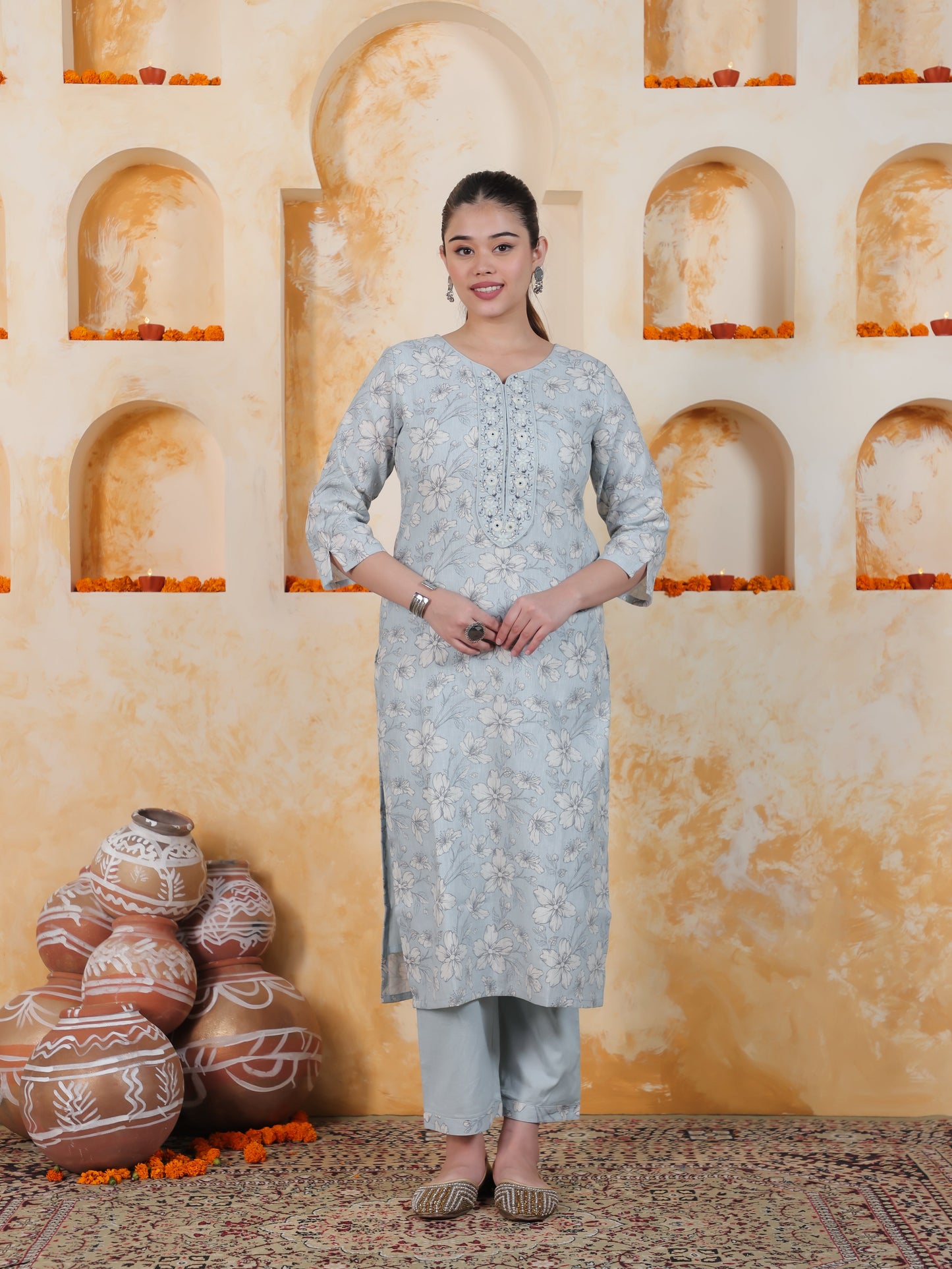 Embroidered Sky Blue Floral Chanderi Straight Kurta