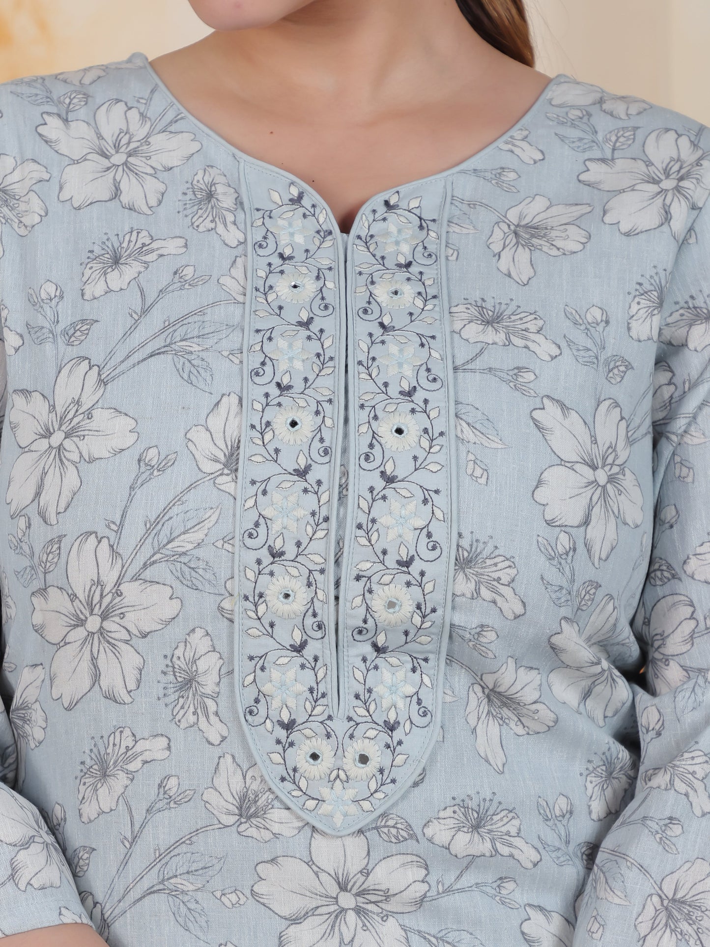 Embroidered Sky Blue Floral Chanderi Straight Kurta