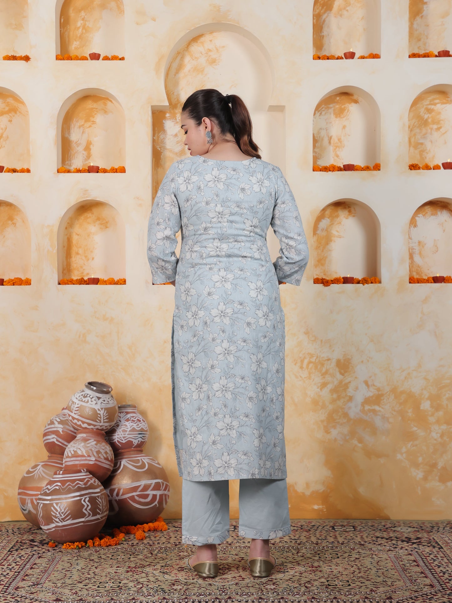 Embroidered Sky Blue Floral Chanderi Straight Kurta