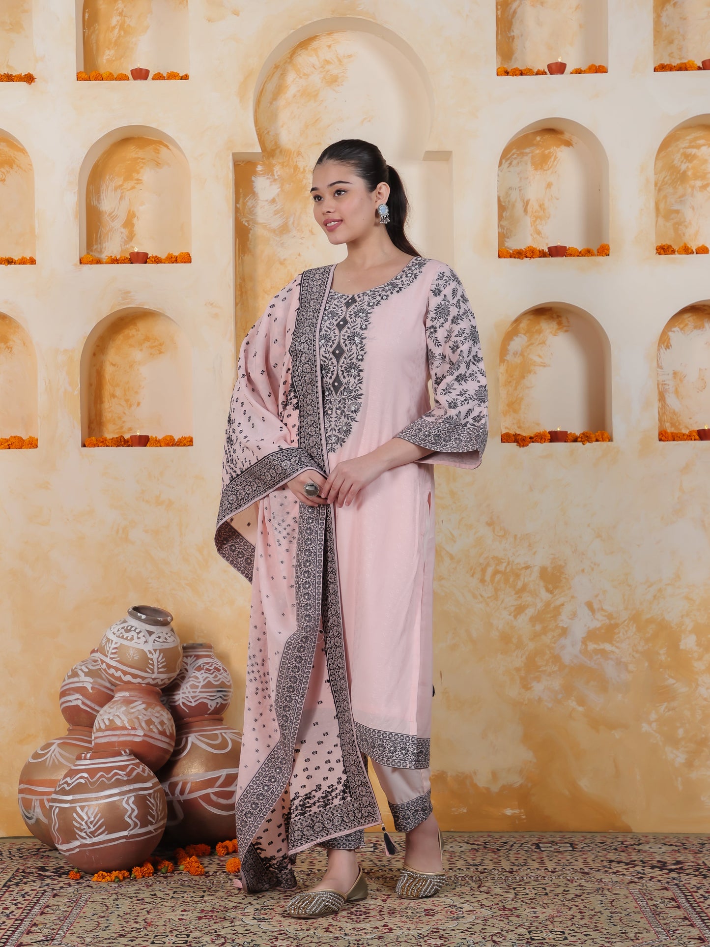 Beads & Stones Ivory Placement Print Cotton Dobby Straight Kurta