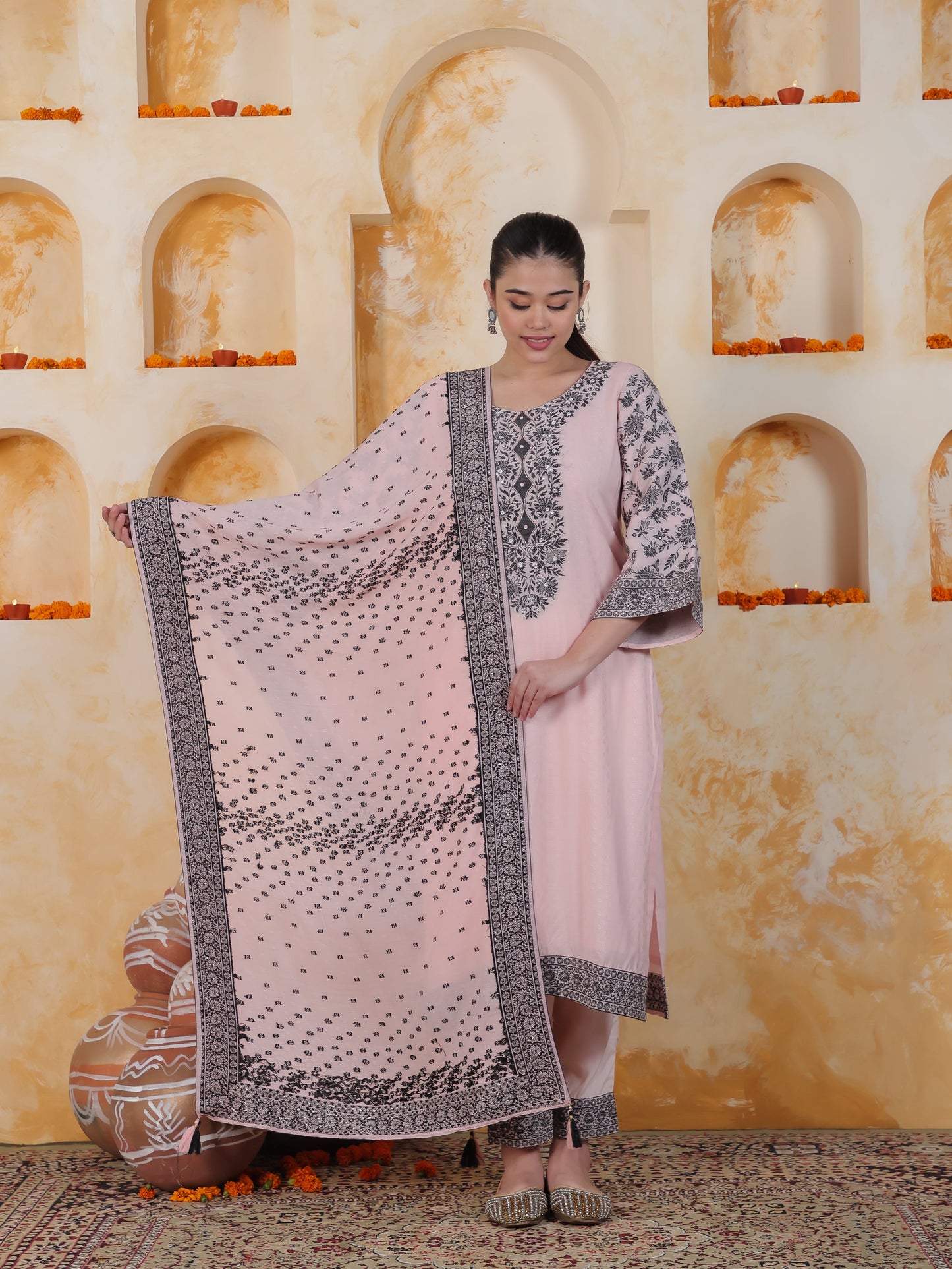 Beads & Stones Ivory Placement Print Cotton Dobby Straight Kurta