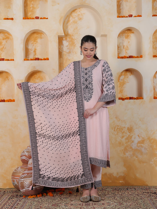 Beads & Stones Ivory Placement Print Cotton Dobby Straight Kurta