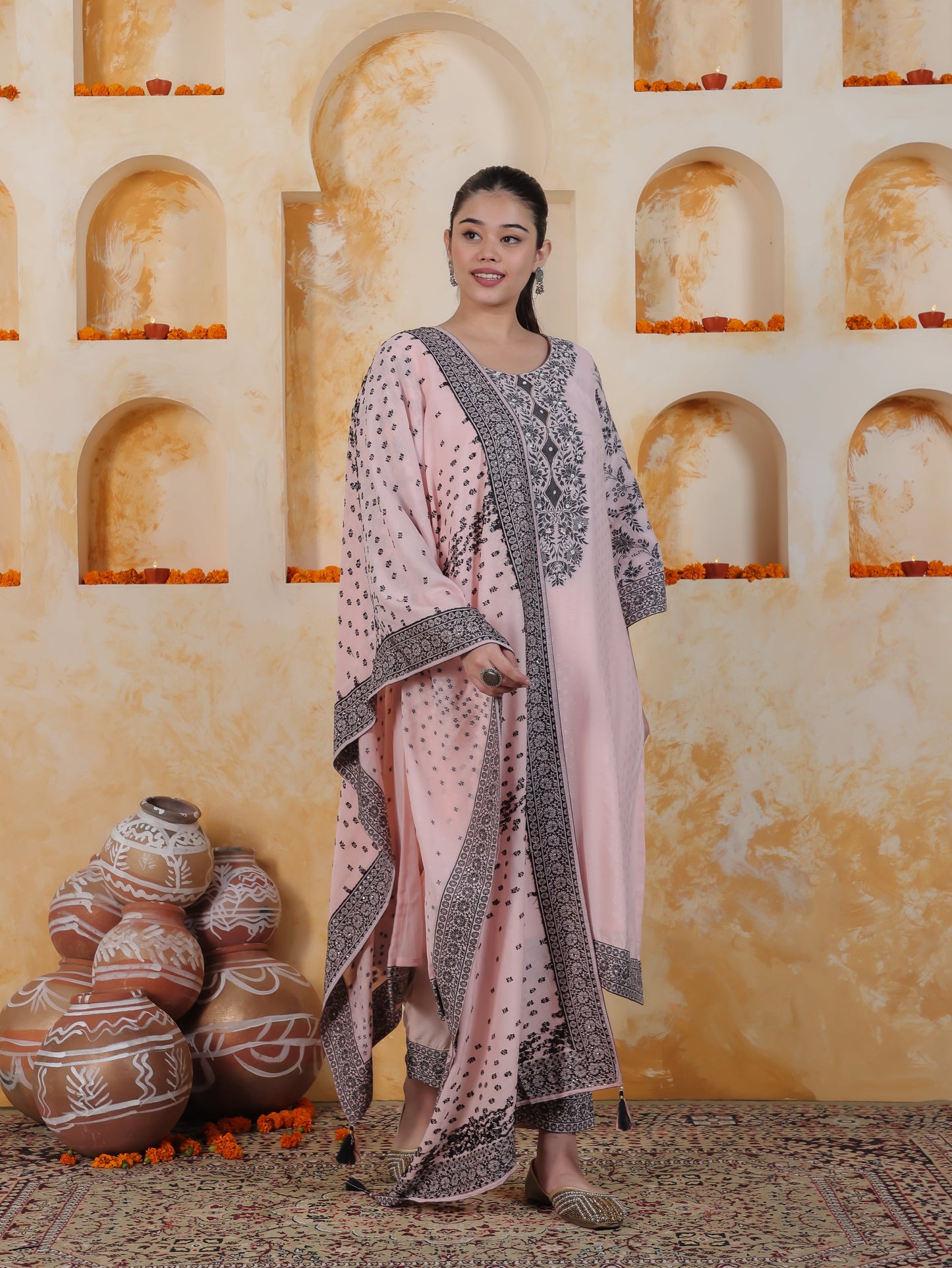 Beads & Stones Ivory Placement Print Cotton Dobby Straight Kurta